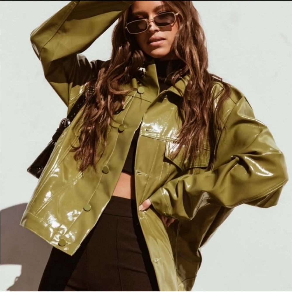Princess Polly Starboy Vegan Leather Jacket Sz L/XL‎ Olive Green Wet Look